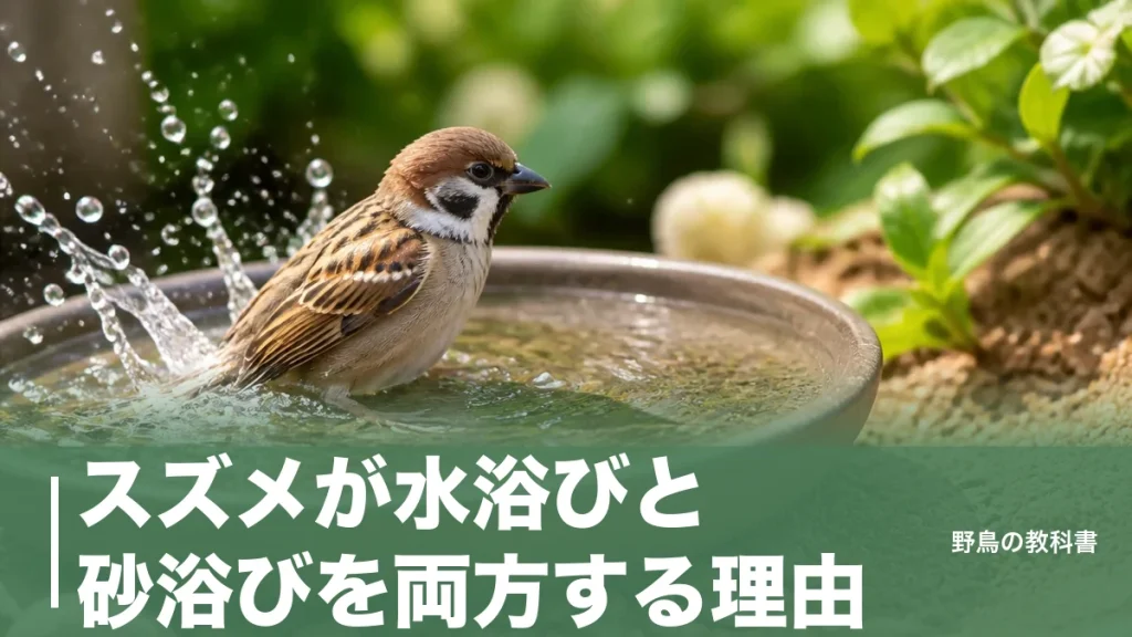 スズメが水浴びと砂浴びを両方する理由｜水深2cmで庭に呼ぶ水場の作り方のアイキャッチ画像