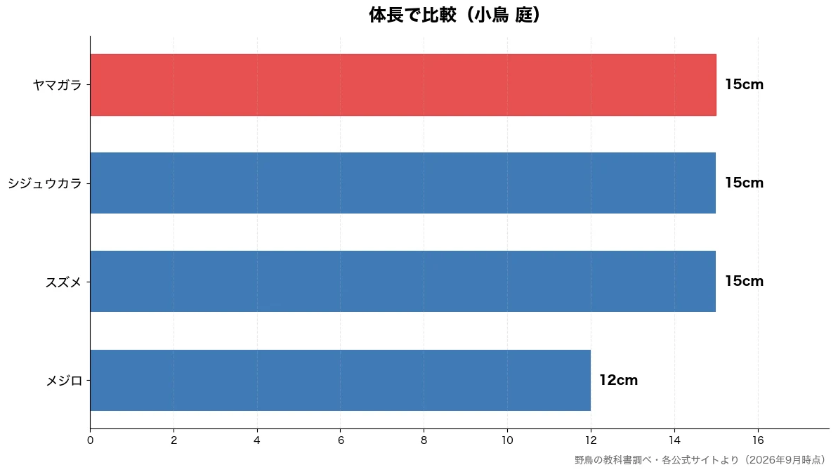 体長の比較チャート（メジロ 12cm・スズメ 15cm・シジュウカラ 15cm・ヤマガラ 15cm）